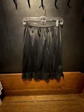 Vintage Black Satin Half Slip with Lace Trim and Side Slit